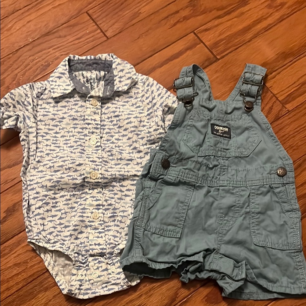 Boys Button up onesie and overall set 9m